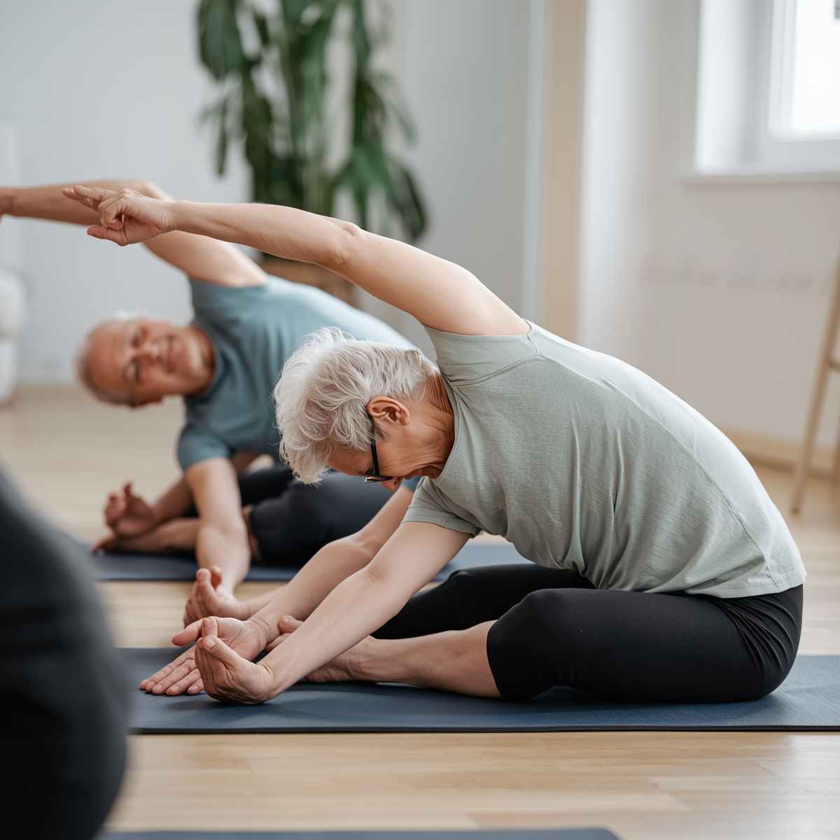 Senior adult performing a seated forward fold yoga pose