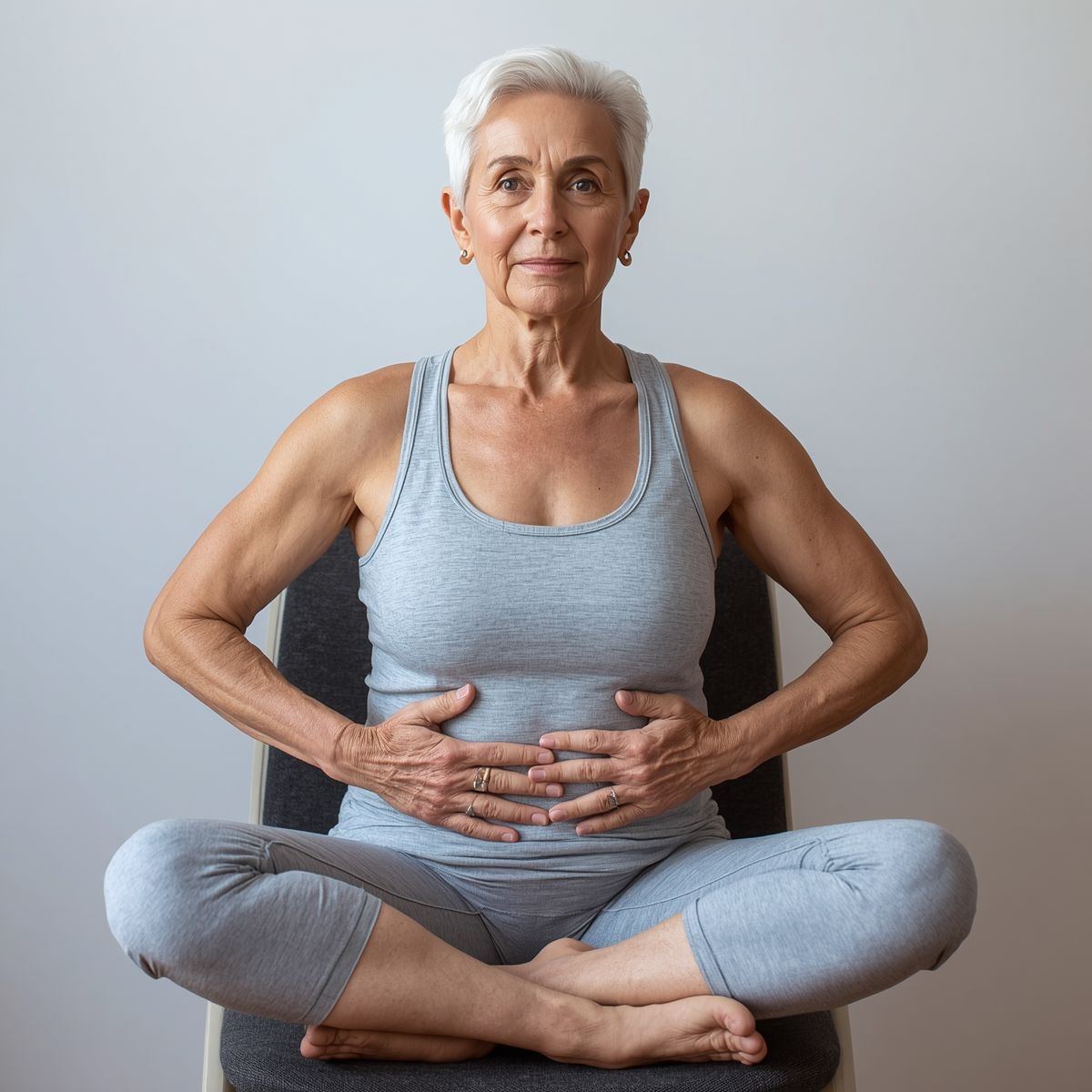 Senior adult performing a seated  Tummy Tuck yoga pose