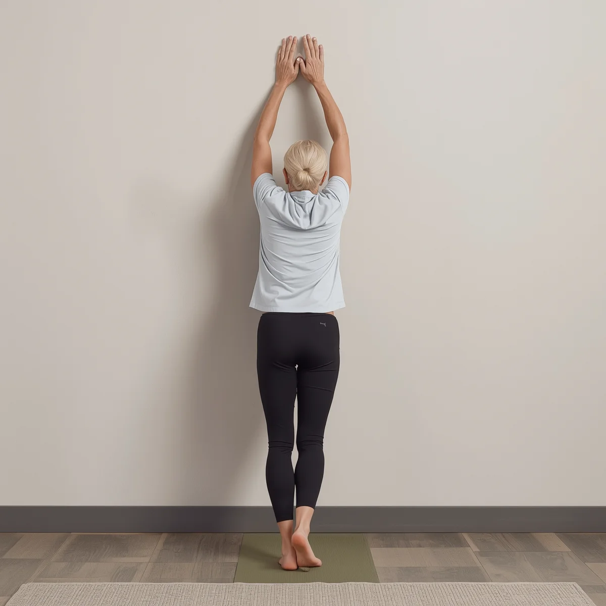 Senior adult performing a Wall Plank yoga pose