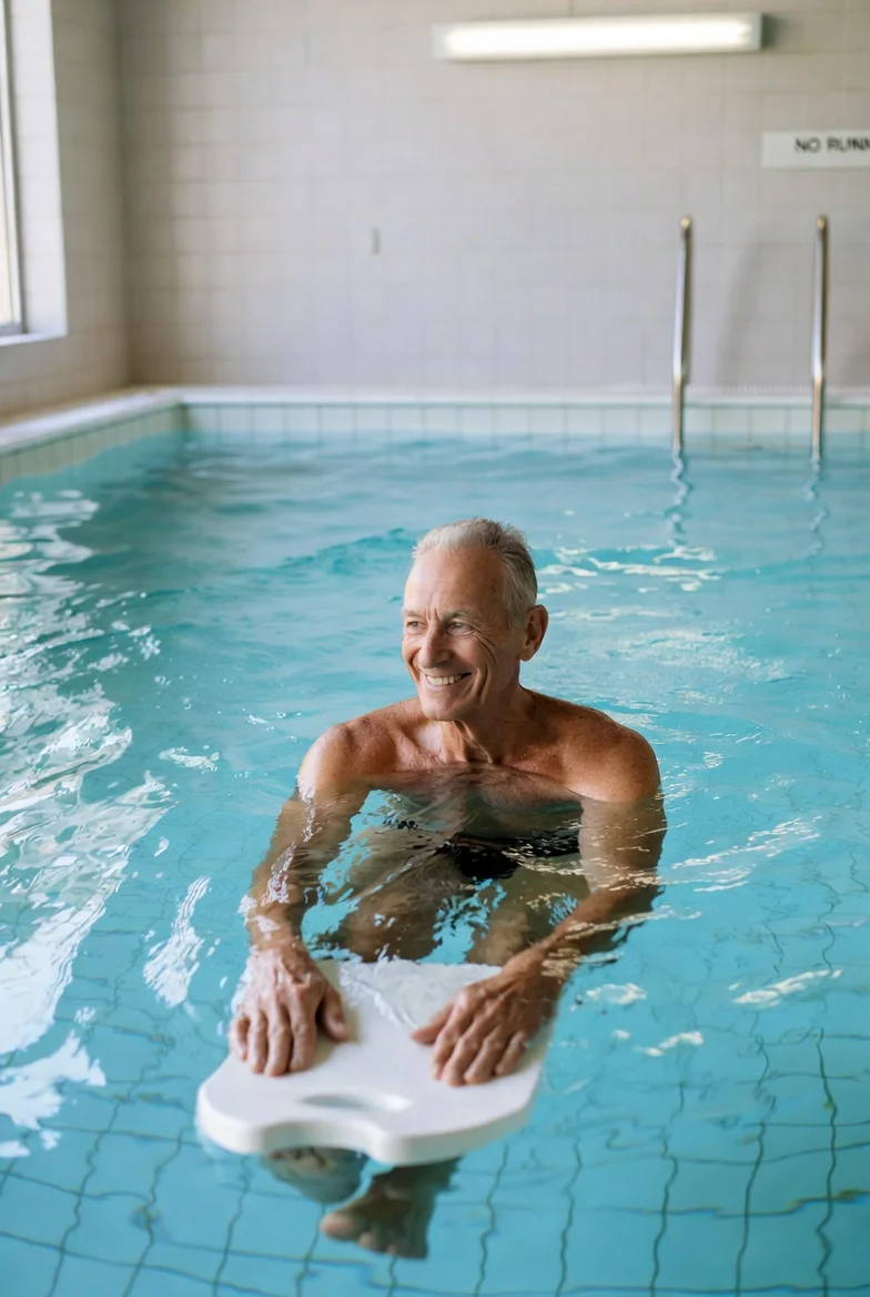 Senior using kickboard for leg strength training in pool