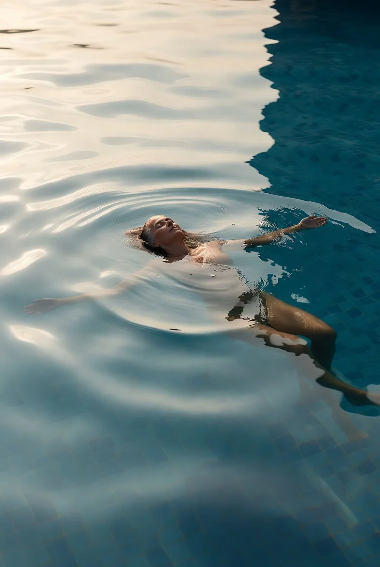 Senior floating calmly on back in pool using noodle for support