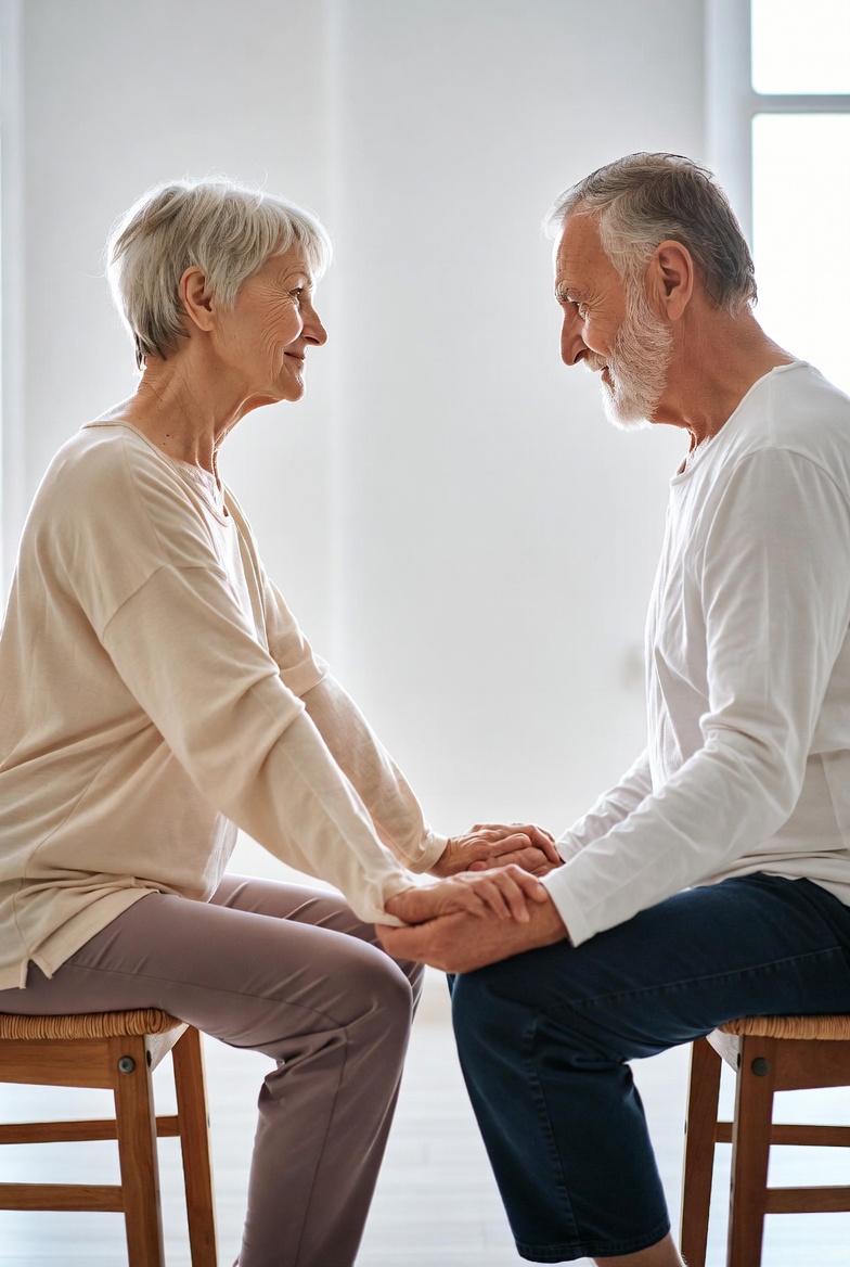 Supported Chair Forward Fold - partner yoga for seniors