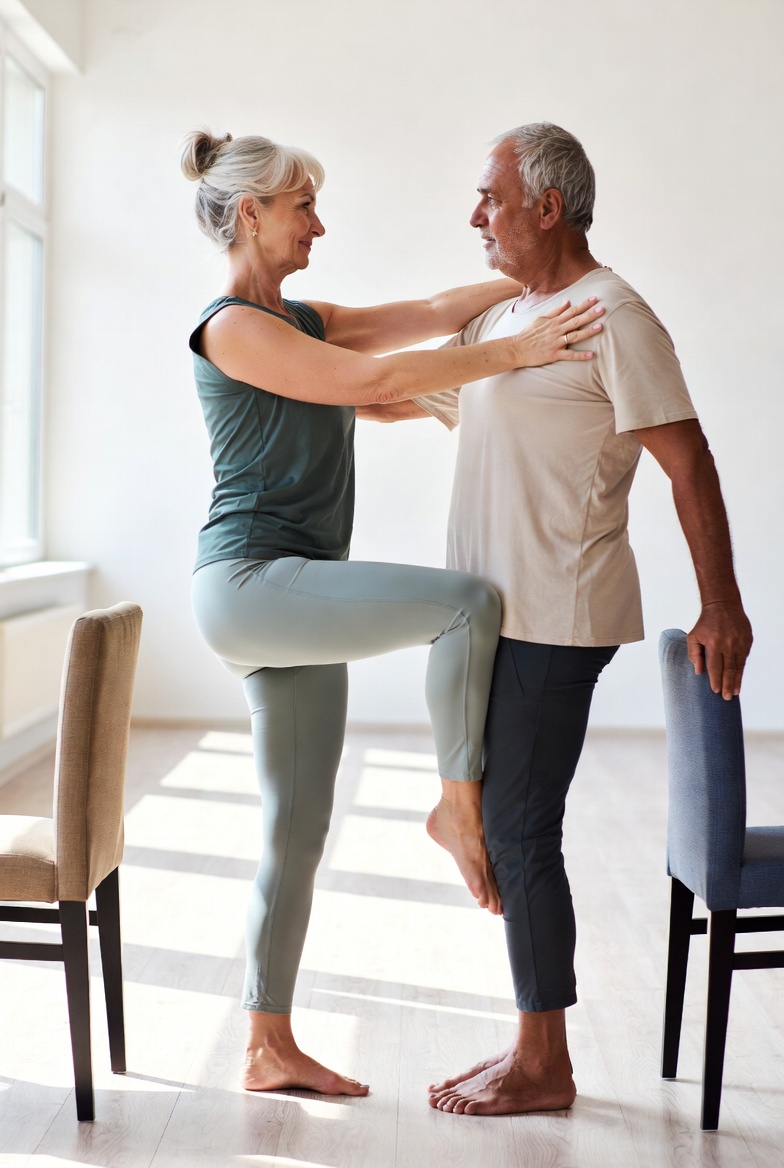 Double Tree Pose with Chair Support - partner yoga for seniors